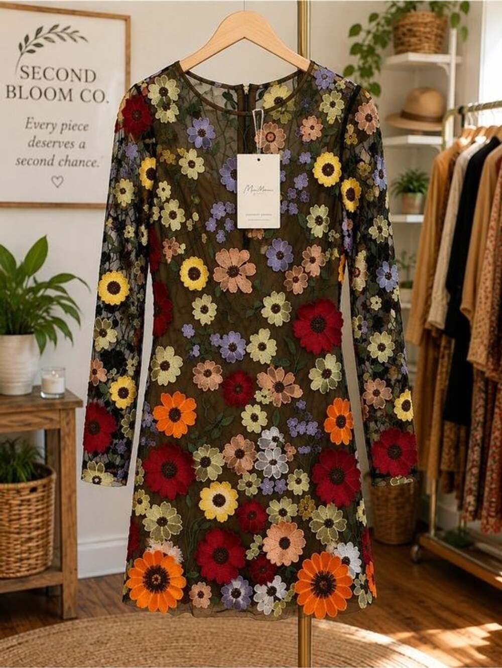Mew Mews NWT Floral Embroidered Sheer Mesh Open Back Mini Dress - Picture 7 of 8